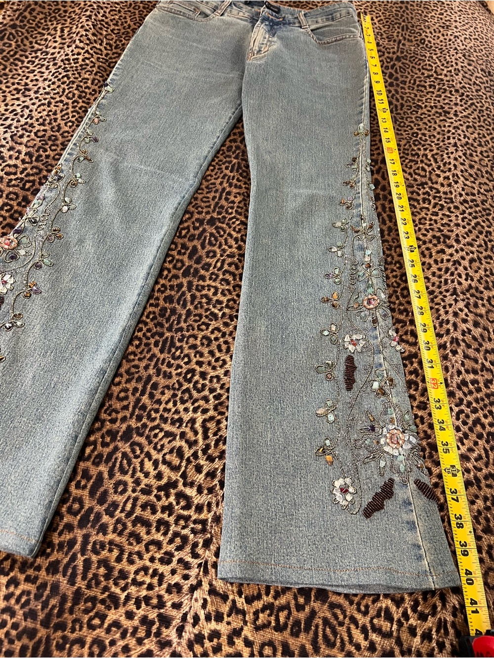Women’s Light Blue Embroidered Flare Jeans with various colored beading